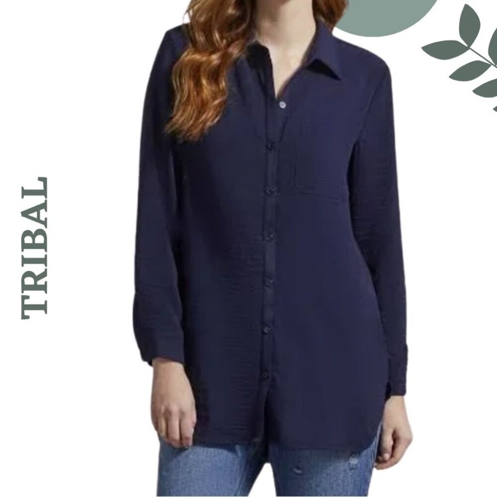 Tribal Pebbled Crepe Roll Sleeve Classic Longline Navy Blouse | Versatile & Chic